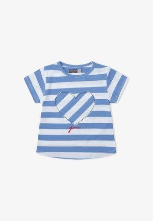 Camiseta para niño pequeño de rayas horizontales azul y blanco con un diseño de corazón y la palabra "your" bordada en rojo debajo del corazón.