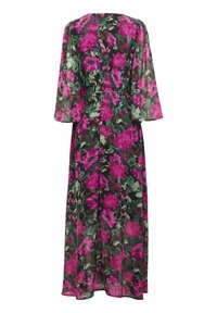 Blumenkleid Maxi mit schwarzem Grund, das lebendige rosa und grüne Blumen zeigt. Hergestellt aus durchscheinendem Stoff mit drei Viertel langen Glockenärmeln und einem elastischen Bund.