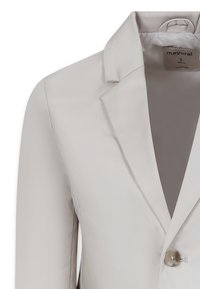 Lichtgrijze blazer van gladde stof, met een gelid kraag en een enkele knoopsluiting. Strakke lijnen zonder zichtbare patronen.