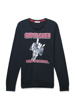 Felpa nera a maniche lunghe con un disegno grafico che presenta una mano di scheletro che tiene un controller di gioco, con la scritta "GAME OVER" e "PRESS TO CONTINUE."