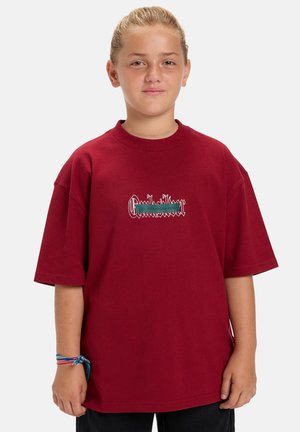 Rode oversized t-shirt met een ronde hals, met geborduurde groene en witte tekstontwerpen op de voorkant. Korte mouwen, van katoen.