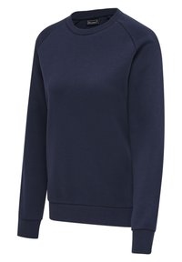 Sudadera de cuello redondo en color navy con mangas raglán largas, hecha de una tela suave, con un cuello y puños de canalé, y un dobladillo recto.