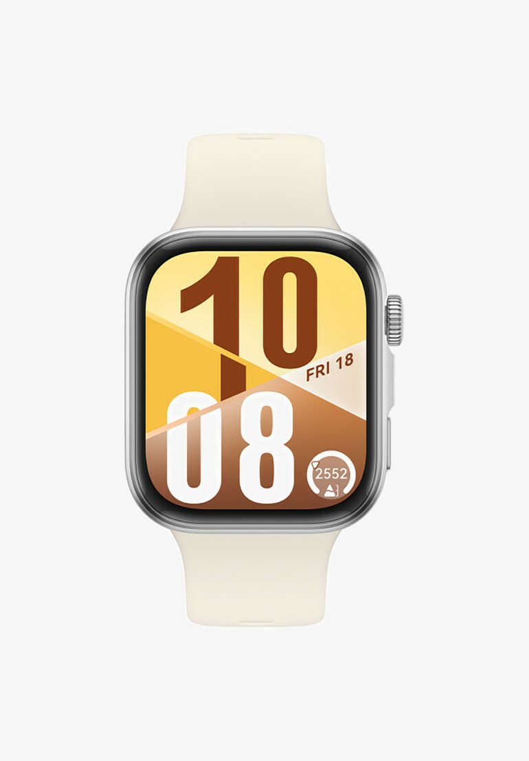 Smartwatch with a square face, silver bezel, and light beige band. Display shows large numbers and geometric patterns in yellow and brown hues.