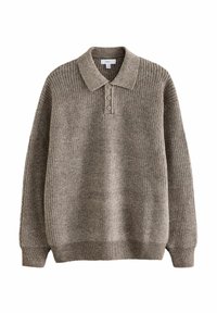 Pull-over en tricot marron avec un col, patte de boutonnage à trois boutons, poignets côtelés et ourlet, présentant un motif texturé.