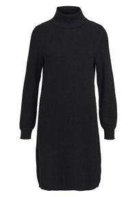 Schwarzes Strickkleid mit hohem Kragen, langen Ärmeln und gerippter Textur. Verfügt über einen lockeren Schnitt mit seitlichen Schlitzen für mehr Bewegungsfreiheit.