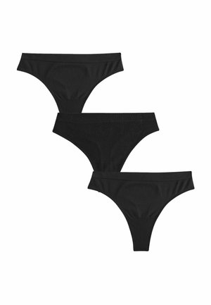 Drie paren zwarte katoenen stringonderbroeken, met een gladde textuur, minimalistisch ontwerp en brede tailleband.
