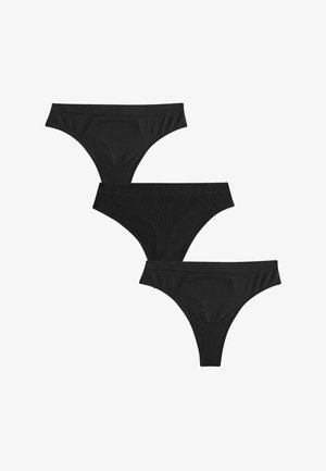 Drie paren zwarte katoenen stringonderbroeken, met een gladde textuur, minimalistisch ontwerp en brede tailleband.