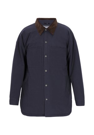 Veste boutonnée bleu marine à manches longues avec un col en velours côtelé marron, comprenant deux poches poitrine et une coupe décontractée.