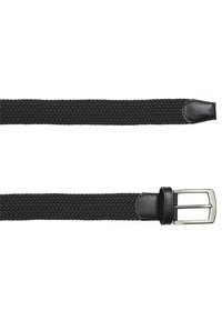 Cinturón negro tejido con cuerpo de tela trenzada, acentos de cuero en ambos extremos y hebilla de metal plateado. Diseño minimalista con materiales duraderos.