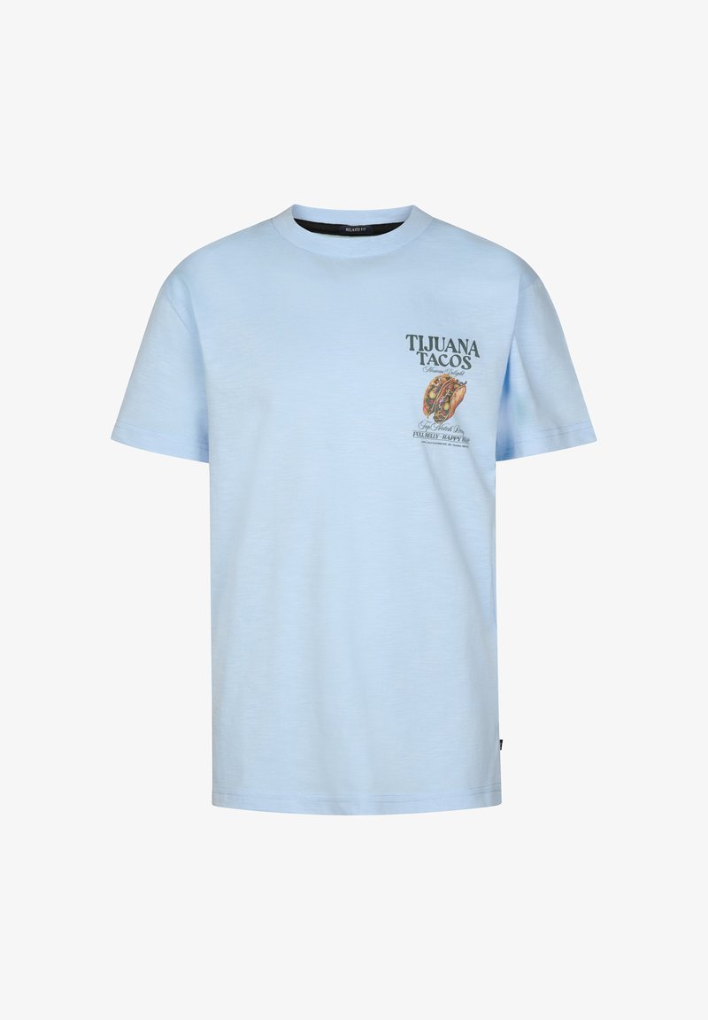 Hellblaues T-Shirt in entspannter Passform mit dem Schriftzug "Tijuana Tacos" und einer illustrierten Taco-Grafik auf der linken Brusttasche.