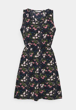 Ärmelloses Blumenkleid in Dunkelblau, mit pinken und weißen Blumen, tailliert und leger geschnitten. Weiches Stoffmaterial mit glatter Textur.