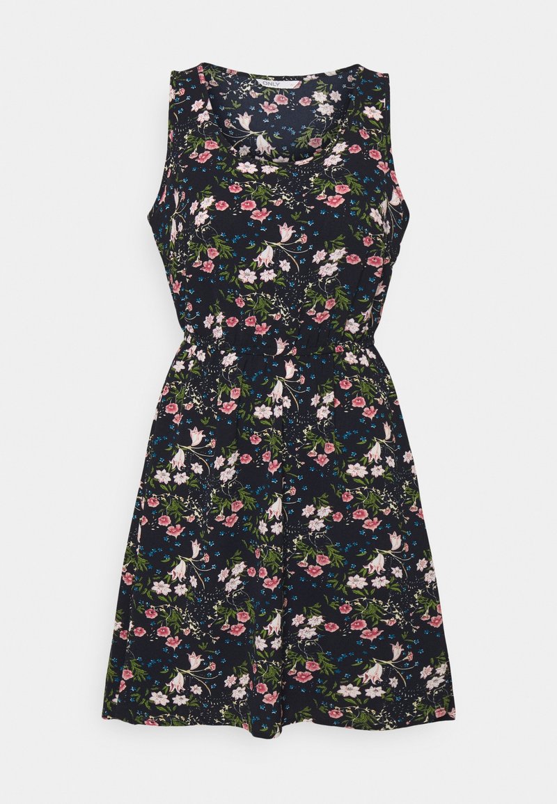 Kwiatowa sukienka bez rękawów w ciemno granatowym kolorze, zdobiona różowymi i białymi kwiatami, z talią ściągniętą i luźnym krojem. Miękka tkanina o gładkiej teksturze.
