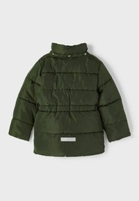 Giacca a vento verde scuro con colletto alto, motivo a righe orizzontali, chiusura a bottoni e una striscia riflettente sul retro.