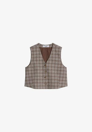 Veste sans manches à carreaux marron et blanc avec col en V et quatre boutons à l'avant, étiquetée Marc O’Polo Denim.