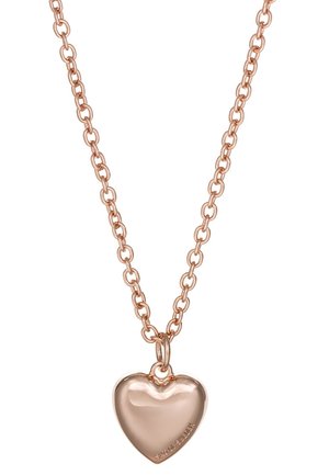 Collier chaîne en or rose avec un pendentif lisse en forme de cœur gravé de "SING OF SWEDEN" en bas à droite.