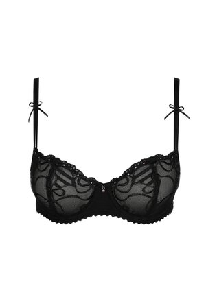 Reggiseno in pizzo nero con ferretto, materiale trasparente, motivi floreali ricamati, spalline in satin e piccoli fiocchetti decorativi sulle spalline.