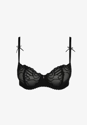 Zwarte kanten beha met beugel, doorschijnend materiaal, geborduurde bloemenpatronen, satijnen bandjes en kleine decoratieve strikjes op de bandjes.