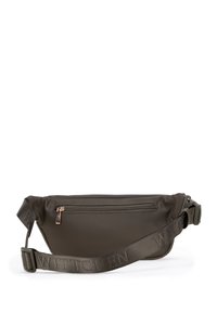 Borsa a cintura in tessuto verde scuro con una tasca con zip, design piatto, cinturino regolabile e nome del marchio "WITTCHEN" in rilievo sul cinturino.