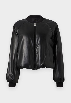 Giubbotto bomber in pelle nera con chiusura zip, polsini a coste e un fit leggermente accorciato. Texture liscia con una finitura lucida.
