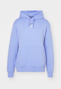 Light blue hoodie made of cotton blend fabric, featuring a kangaroo pocket, drawstring hood, and small logo printed on the chest.