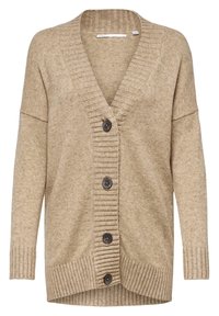 Beige neulotut neuletakki, jossa on pitkät hihat, ribbireunat, helma ja napitus, jossa on neljä tummanruskeaa nappia ja V-pääntie.