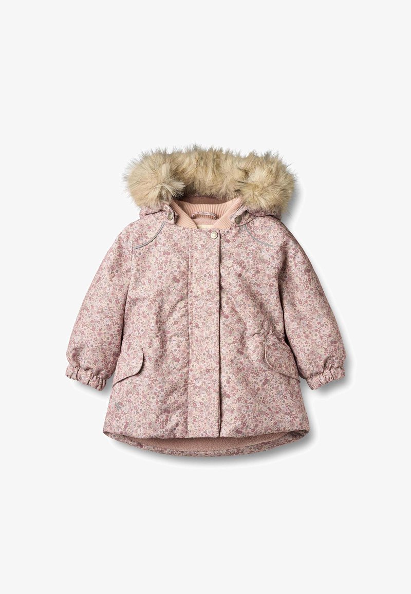Ružová parka s kvetinovým vzorom, so zvieracím kožušinovým kapucňou, prešívaným dizajnom a elastickými manžetami. Má dve bočné vrecká a zapínanie na cvoky.