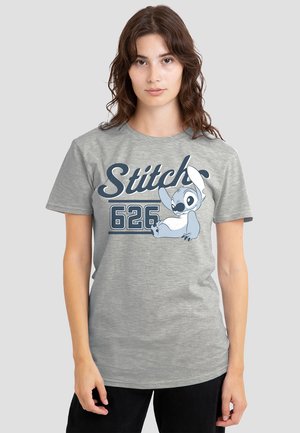 Gray cotton t-shirt featuring a graphic of Stitch, a cartoon character, with the word “Stitch” and number “626” printed in blue.