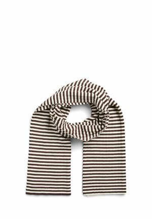 Écharpe tricotée à rayures horizontales marron et blanche, pliée en boucle avec les deux extrémités pendantes sur fond blanc.