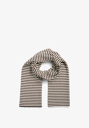Écharpe tricotée à rayures horizontales marron et blanche, pliée en boucle avec les deux extrémités pendantes sur fond blanc.