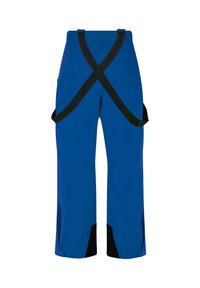 Blauwe waterdichte broek met zwarte accenten, uitgerust met verstelbare X-vormige banden, brede pijpen en zijzakken voor functionaliteit.