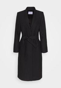 Abrigo de mezcla de lana negro con cuello de chal, mangas largas y un cinturón anudado en la cintura. Tejido texturizado en un diseño largo y elegante.