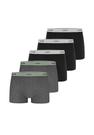 Fem mænds boksershorts i to farver: tre sorte med hvide linninger og to grå med grønne linninger, vist i en forskudt opstilling.