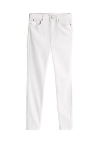 Bílé džíny s úzkým střihem, které mají pět kapes, zip a stříbrné detaily. Zadní kapsa má proužkovaný akcent.