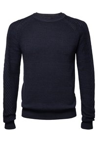 Navyblauer gestrickter Pullover mit Rundhalsausschnitt, gerippten Bündchen und strukturierten diagonalen Mustern an den Ärmeln. Hergestellt aus einem weichen, langlebigen Stoff.