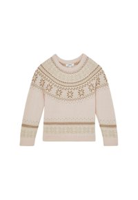 Svetlý ružový sveter s dlhými rukávmi, okrúhlym výstrihom a zložitými hnedými a zelenými vzormi snehových vločiek pozdĺž hrude a dolného lemu.