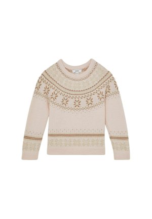 Heled roosa rastepaita pikkade varrukatega, ümmarguse kaelaaugu ning keerukate pruunide ja roheliste lumekristallide mustritega rinnal ja alumisel äärel.