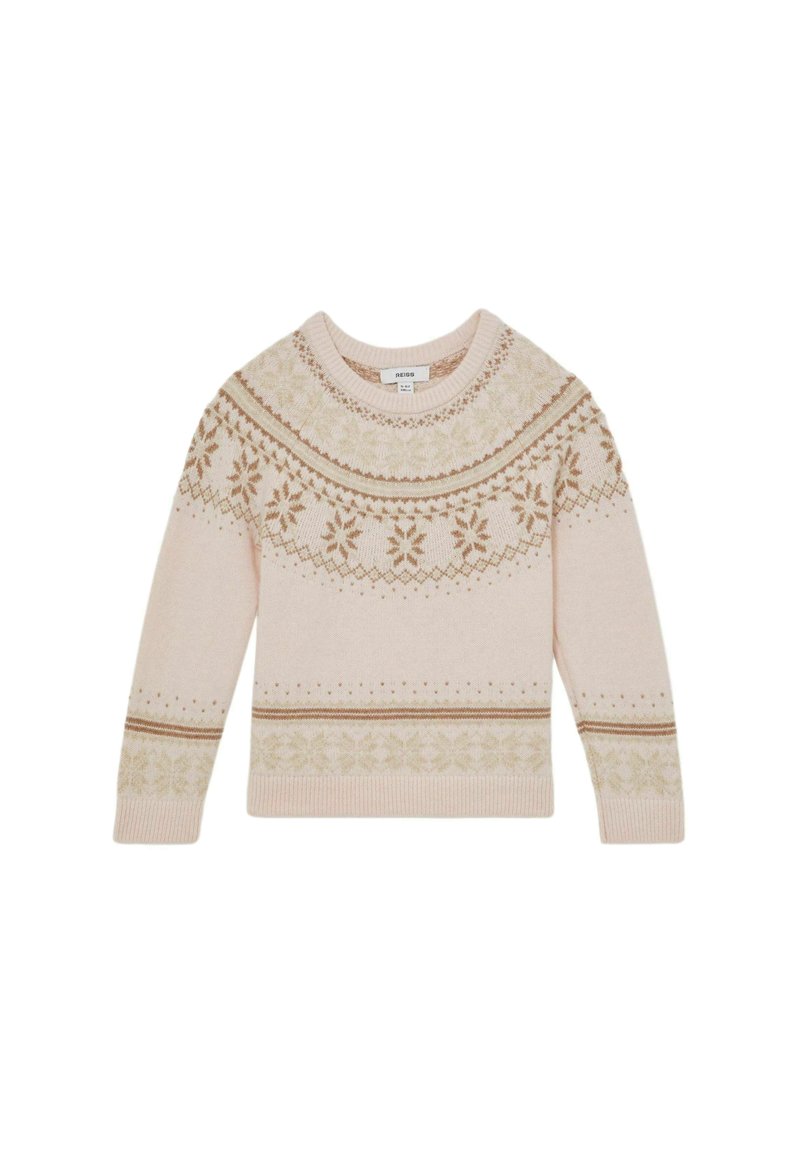 Svetlý ružový sveter s dlhými rukávmi, okrúhlym výstrihom a zložitými hnedými a zelenými vzormi snehových vločiek pozdĺž hrude a dolného lemu.