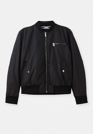 Black bomber jacket with a zip front, side pockets, and a chest pocket. Features ribbed cuffs and hem, smooth texture, and minimalist design.