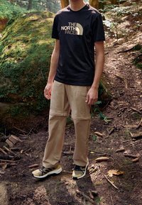 Černé bavlněné tričko s logem "The North Face" ve zlaté barvě. Khaki cargo kalhoty s kapsami a nastavovacími manžetami. Lehká hnědá teniska.