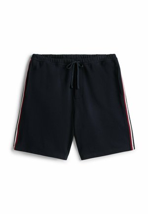 Shorts bleu marine avec une taille élastique et un cordon de serrage. Rayures latérales en rouge, blanc et gris. Tissu lisse, design jusqu'aux genoux.