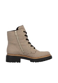 Bottines cheville en pied-de-poule marron et beige avec une fermeture éclair sur le côté, des lacets noirs, une semelle épaisse noire et des accents marron sur le bord de la semelle.