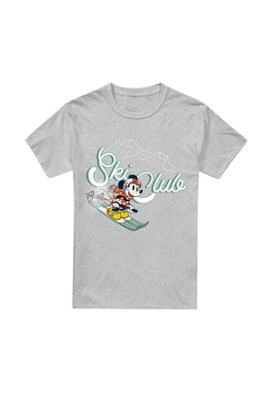 Grau Baumwoll-T-Shirt mit einem Cartoon-Charakter beim Skifahren, mit dem Text "Ski Club" in Grün und Weiß. Das Design umfasst Bergumrisse.