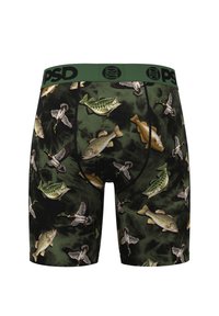 Green boxer briefs with a pattern of fish and ducks. Features a black waistband with "PSD" logo. Made from stretchy, breathable fabric.