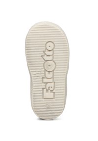 Suela de zapato de goma blanca con estrías texturizadas, logotipo "Falcotto" en relieve y marcado de tamaño "21". Acabado suave con bordes redondeados.