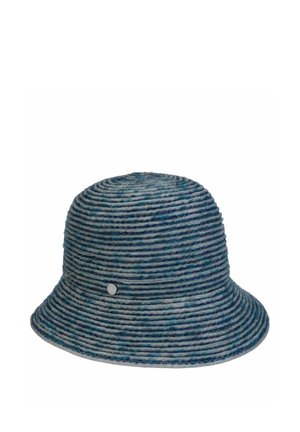 Blauer und grauer gestreifter, strukturierter Anglerhut mit einem kleinen runden Metalllogo an der Seite.