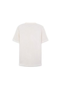 Maglietta a maniche corte con scollatura rotonda in tessuto beige chiaro con una finitura testurizzata. Presenta un design semplice e un colore uniforme, senza decorazioni.