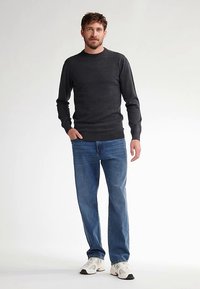 Dunkelgrauer Pullover, Rundhalsausschnitt, figurbetonter Stil. Kombiniert mit hellblauen Jeans und weißen Turnschuhen. Einfarbige Farben, minimale Details, lässiger Look.