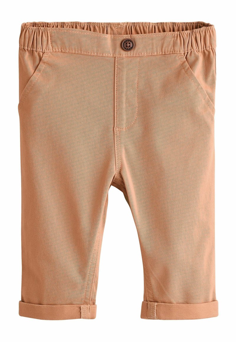 Light orange cotton pants with an elastic waistband, front pockets, and rolled cuffs. Features a small brown button at the waist.