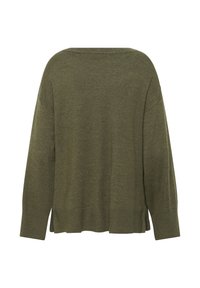 Pull olive en maille douce. Présente une coupe décontractée, de larges emmanchures et des fentes sur les côtés de l'ourlet pour un confort supplémentaire.