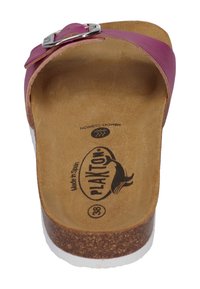 Pink slip-on sandal with a silver buckle, cork footbed, and memory cushion lining. Textured surface with a white outsole. Size 38.